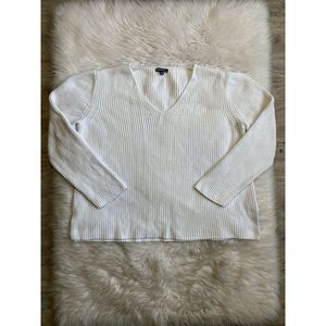 J Crew XL V-Neck Sweater White Rib Knit Loose Fit